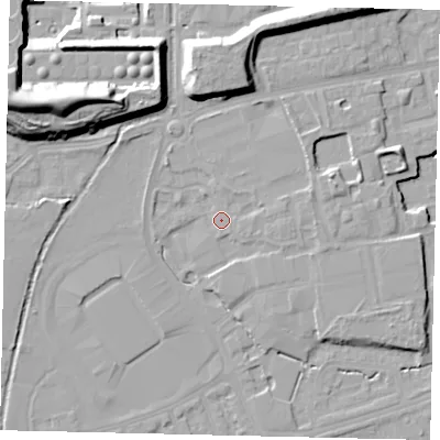 Shaded relief map of the ground around TW11AN, computed from Environment Agency LiDAR. The ground here sits at about 10 m above sea level and falls 24 m across the surrounding 800 m. Surface water reaching this point runs off ground lying to the east, 1.6 m higher.