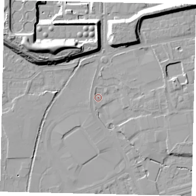Shaded relief map of the ground around TW11AP, computed from Environment Agency LiDAR. The ground here sits at about 9 m above sea level and falls 23 m across the surrounding 800 m. Surface water reaching this point runs off ground lying to the west, 1.2 m higher.