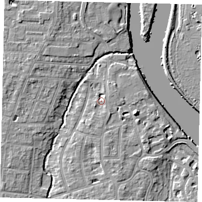 Shaded relief map of the ground around TW11AR, computed from Environment Agency LiDAR. The ground here sits at about 6 m above sea level and falls 10 m across the surrounding 800 m. Surface water reaching this point runs off ground lying to the south-south-east, 3.0 m higher.