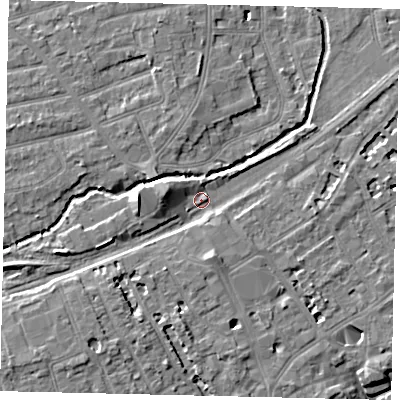 Shaded relief map of the ground around TW11BD, computed from Environment Agency LiDAR. The ground here sits at about 7 m above sea level and falls 8 m across the surrounding 800 m. Surface water reaching this point runs off ground lying to the west, 5.1 m higher.