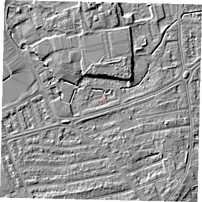 Shaded relief map of the ground around TW11DB, computed from Environment Agency LiDAR. The ground here sits at about 8 m above sea level and falls 6 m across the surrounding 800 m. Surface water reaching this point runs off ground lying to the west-south-west, 3.2 m higher.