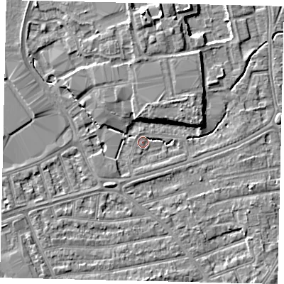 Shaded relief map of the ground around TW11DD, computed from Environment Agency LiDAR. The ground here sits at about 8 m above sea level and falls 6 m across the surrounding 800 m. Surface water reaching this point runs off ground lying to the south-west, 3.2 m higher.
