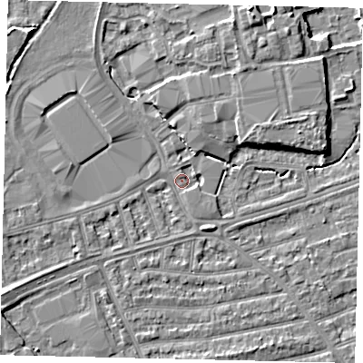 Shaded relief map of the ground around TW11DE, computed from Environment Agency LiDAR. The ground here sits at about 9 m above sea level and falls 6 m across the surrounding 800 m. Surface water reaching this point runs off ground lying to the west-south-west, 2.5 m higher.