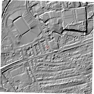 Shaded relief map of the ground around TW11DF, computed from Environment Agency LiDAR. The ground here sits at about 9 m above sea level and falls 5 m across the surrounding 800 m. Surface water reaching this point runs off ground lying to the west, 1.7 m higher.