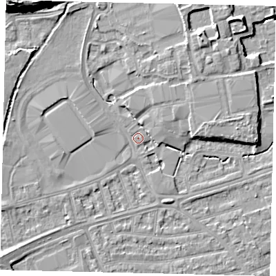 Shaded relief map of the ground around TW11DG, computed from Environment Agency LiDAR. The ground here sits at about 9 m above sea level and falls 17 m across the surrounding 800 m. Surface water reaching this point runs off ground lying to the north-north-east, 4.1 m higher.