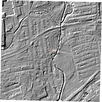 Shaded relief map of the ground around TW11EB, computed from Environment Agency LiDAR. The ground here sits at about 7 m above sea level and falls 8 m across the surrounding 800 m. Surface water reaching this point runs off ground lying to the north-north-west, 1.0 m higher.