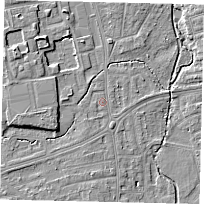 Shaded relief map of the ground around TW11ES, computed from Environment Agency LiDAR. The ground here sits at about 7 m above sea level and falls 9 m across the surrounding 800 m. Surface water reaching this point runs off ground lying to the north-west, 9.0 m higher.