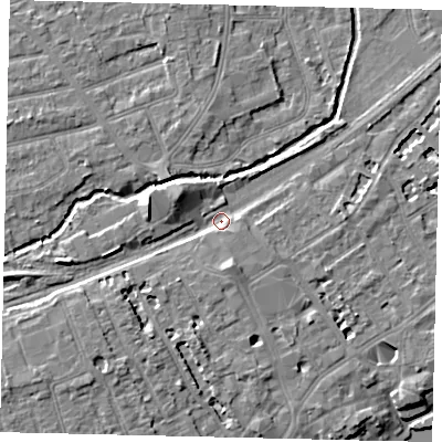 Shaded relief map of the ground around TW11FA, computed from Environment Agency LiDAR. The ground here sits at about 7 m above sea level and falls 8 m across the surrounding 800 m. Surface water reaching this point runs off ground lying to the west-north-west, 5.1 m higher.