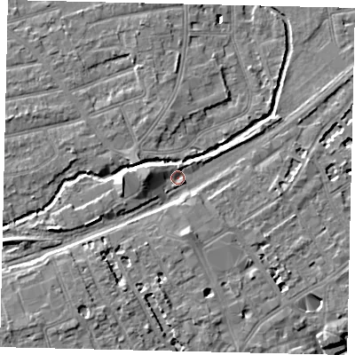 Shaded relief map of the ground around TW11FB, computed from Environment Agency LiDAR. The ground here sits at about 7 m above sea level and falls 8 m across the surrounding 800 m. Surface water reaching this point runs off ground lying to the west, 5.1 m higher.