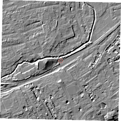 Shaded relief map of the ground around TW11FF, computed from Environment Agency LiDAR. The ground here sits at about 7 m above sea level and falls 8 m across the surrounding 800 m. Surface water reaching this point runs off ground lying to the west, 5.1 m higher.