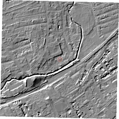Shaded relief map of the ground around TW11HP, computed from Environment Agency LiDAR. The ground here sits at about 7 m above sea level and falls 8 m across the surrounding 800 m. Surface water reaching this point runs off ground lying to the west-south-west, 3.1 m higher.
