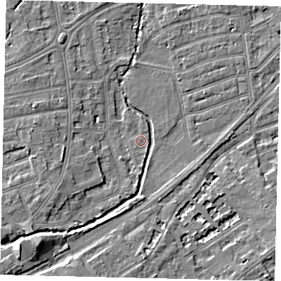 Shaded relief map of the ground around TW11HR, computed from Environment Agency LiDAR. The ground here sits at about 6 m above sea level and falls 8 m across the surrounding 800 m. Surface water reaching this point runs off ground lying to the south-west, 4.0 m higher.