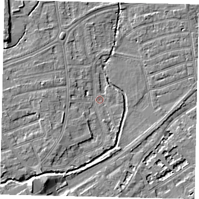 Shaded relief map of the ground around TW11HS, computed from Environment Agency LiDAR. The ground here sits at about 6 m above sea level and falls 8 m across the surrounding 800 m. Surface water reaching this point runs off ground lying to the south-west, 5.9 m higher.