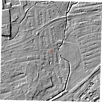 Shaded relief map of the ground around TW11HT, computed from Environment Agency LiDAR. The ground here sits at about 7 m above sea level and falls 8 m across the surrounding 800 m. Surface water reaching this point runs off ground lying to the west-south-west, 3.0 m higher.