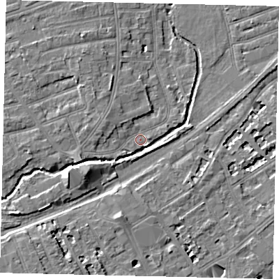 Shaded relief map of the ground around TW11HW, computed from Environment Agency LiDAR. The ground here sits at about 7 m above sea level and falls 8 m across the surrounding 800 m. Surface water reaching this point runs off ground lying to the west-south-west, 3.0 m higher.