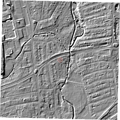 Shaded relief map of the ground around TW11JD, computed from Environment Agency LiDAR. The ground here sits at about 7 m above sea level and falls 8 m across the surrounding 800 m. Surface water reaching this point runs off ground lying to the north-west, 1.0 m higher.
