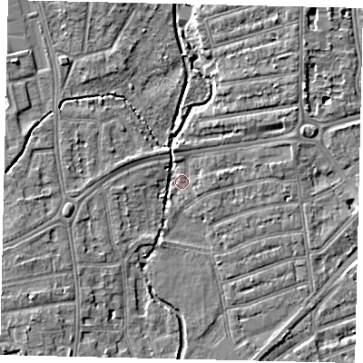 Shaded relief map of the ground around TW11JE, computed from Environment Agency LiDAR. The ground here sits at about 6 m above sea level and falls 6 m across the surrounding 800 m. Surface water reaching this point runs off ground lying to the east, 3.6 m higher.