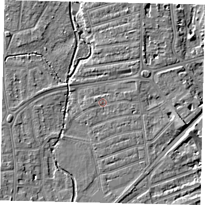 Shaded relief map of the ground around TW11JF, computed from Environment Agency LiDAR. The ground here sits at about 6 m above sea level and falls 7 m across the surrounding 800 m. Surface water reaching this point runs off ground lying to the east-north-east, 2.1 m higher.