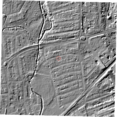Shaded relief map of the ground around TW11JG, computed from Environment Agency LiDAR. The ground here sits at about 6 m above sea level and falls 7 m across the surrounding 800 m. Surface water reaching this point runs off ground lying to the north-east, 2.1 m higher.