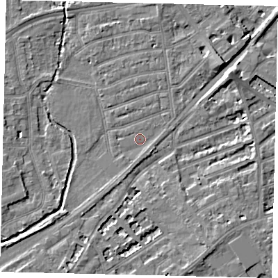 Shaded relief map of the ground around TW11JN, computed from Environment Agency LiDAR. The ground here sits at about 6 m above sea level and falls 7 m across the surrounding 800 m. Surface water reaching this point runs off ground lying to the south-south-west, 1.5 m higher.