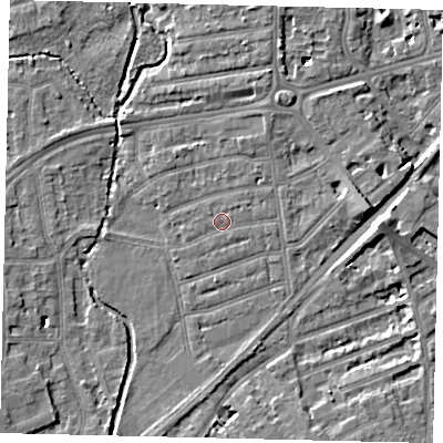 Shaded relief map of the ground around TW11JP, computed from Environment Agency LiDAR. The ground here sits at about 6 m above sea level and falls 7 m across the surrounding 800 m. Surface water reaching this point runs off ground lying to the south-south-west, 0.6 m higher.