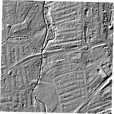 Shaded relief map of the ground around TW11JQ, computed from Environment Agency LiDAR. The ground here sits at about 6 m above sea level and falls 7 m across the surrounding 800 m. Surface water reaching this point runs off ground lying to the east-north-east, 2.5 m higher.