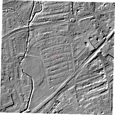 Shaded relief map of the ground around TW11JR, computed from Environment Agency LiDAR. The ground here sits at about 6 m above sea level and falls 7 m across the surrounding 800 m. Surface water reaching this point runs off ground lying to the west-south-west, 0.8 m higher.