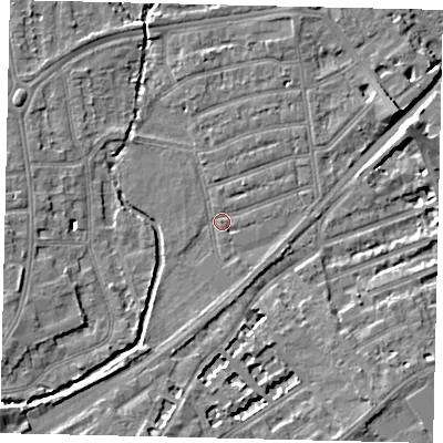 Shaded relief map of the ground around TW11JS, computed from Environment Agency LiDAR. The ground here sits at about 6 m above sea level and falls 7 m across the surrounding 800 m. Surface water reaching this point runs off ground lying to the west-south-west, 5.3 m higher.