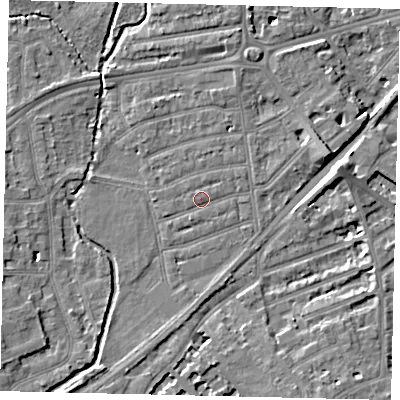 Shaded relief map of the ground around TW11JT, computed from Environment Agency LiDAR. The ground here sits at about 7 m above sea level and falls 7 m across the surrounding 800 m. Surface water reaching this point runs off ground lying to the east-north-east, 6.4 m higher.