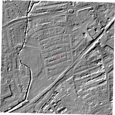 Shaded relief map of the ground around TW11JU, computed from Environment Agency LiDAR. The ground here sits at about 6 m above sea level and falls 7 m across the surrounding 800 m. Surface water reaching this point runs off ground lying to the east-north-east, 6.4 m higher.