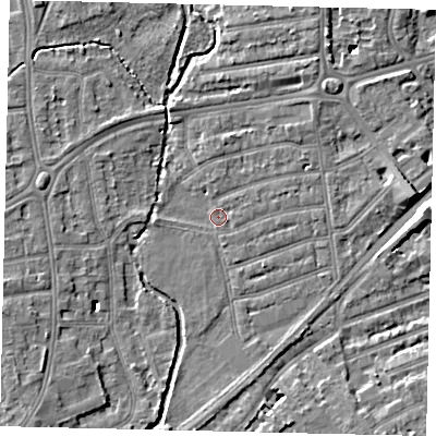 Shaded relief map of the ground around TW11JW, computed from Environment Agency LiDAR. The ground here sits at about 6 m above sea level and falls 7 m across the surrounding 800 m. Surface water reaching this point runs off ground lying to the east, 4.9 m higher.