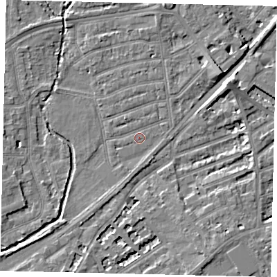 Shaded relief map of the ground around TW11JX, computed from Environment Agency LiDAR. The ground here sits at about 6 m above sea level and falls 7 m across the surrounding 800 m. Surface water reaching this point runs off ground lying to the south-south-west, 1.5 m higher.