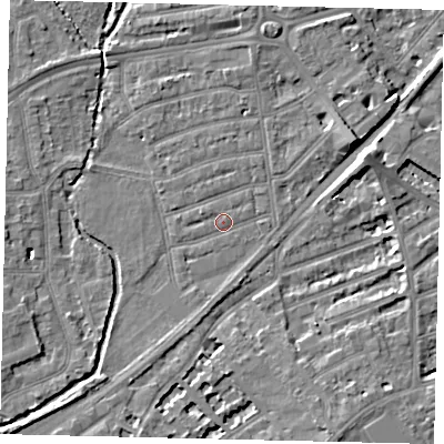 Shaded relief map of the ground around TW11JY, computed from Environment Agency LiDAR. The ground here sits at about 6 m above sea level and falls 7 m across the surrounding 800 m. Surface water reaching this point runs off ground lying to the south, 1.5 m higher.