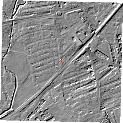 Shaded relief map of the ground around TW11LA, computed from Environment Agency LiDAR. The ground here sits at about 6 m above sea level and falls 7 m across the surrounding 800 m. Surface water reaching this point runs off ground lying to the east-north-east, 6.4 m higher.