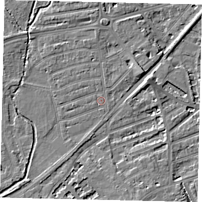 Shaded relief map of the ground around TW11LB, computed from Environment Agency LiDAR. The ground here sits at about 6 m above sea level and falls 7 m across the surrounding 800 m. Surface water reaching this point runs off ground lying to the west, 0.7 m higher.