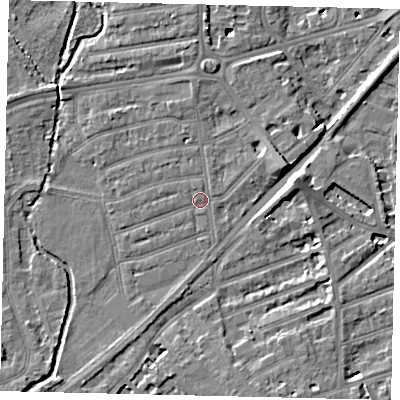 Shaded relief map of the ground around TW11LD, computed from Environment Agency LiDAR. The ground here sits at about 6 m above sea level and falls 8 m across the surrounding 800 m. Surface water reaching this point runs off ground lying to the east, 6.4 m higher.
