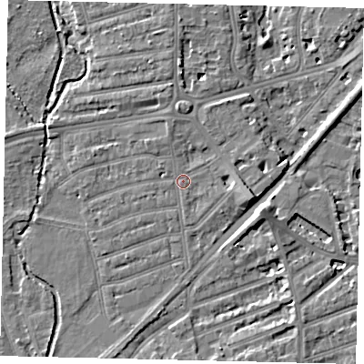 Shaded relief map of the ground around TW11LE, computed from Environment Agency LiDAR. The ground here sits at about 6 m above sea level and falls 8 m across the surrounding 800 m. Surface water reaching this point runs off ground lying to the east-south-east, 4.9 m higher.
