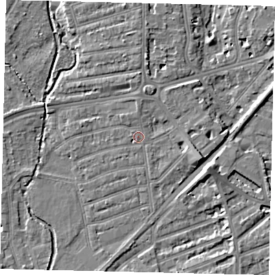 Shaded relief map of the ground around TW11LF, computed from Environment Agency LiDAR. The ground here sits at about 6 m above sea level and falls 8 m across the surrounding 800 m. Surface water reaching this point runs off ground lying to the west-north-west, 0.6 m higher.
