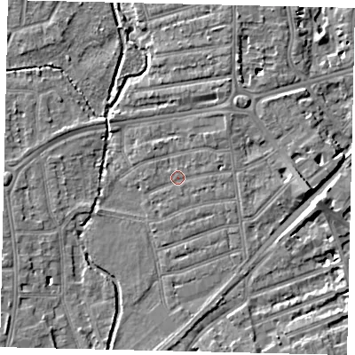 Shaded relief map of the ground around TW11LG, computed from Environment Agency LiDAR. The ground here sits at about 6 m above sea level and falls 7 m across the surrounding 800 m. Surface water reaching this point runs off ground lying to the west, 1.3 m higher.