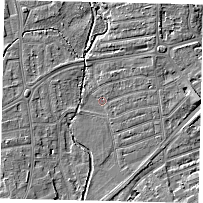 Shaded relief map of the ground around TW11LH, computed from Environment Agency LiDAR. The ground here sits at about 6 m above sea level and falls 6 m across the surrounding 800 m. Surface water reaching this point runs off ground lying to the east, 4.9 m higher.