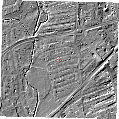 Shaded relief map of the ground around TW11LQ, computed from Environment Agency LiDAR. The ground here sits at about 6 m above sea level and falls 7 m across the surrounding 800 m. Surface water reaching this point runs off ground lying to the west-north-west, 1.3 m higher.
