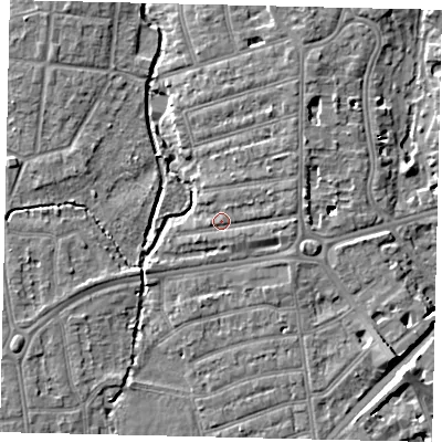 Shaded relief map of the ground around TW11LY, computed from Environment Agency LiDAR. The ground here sits at about 7 m above sea level and falls 7 m across the surrounding 800 m. Surface water reaching this point runs off ground lying to the east, 2.0 m higher.