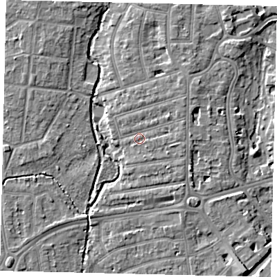 Shaded relief map of the ground around TW11NF, computed from Environment Agency LiDAR. The ground here sits at about 7 m above sea level and falls 7 m across the surrounding 800 m. Surface water reaching this point runs off ground lying to the east, 1.4 m higher.
