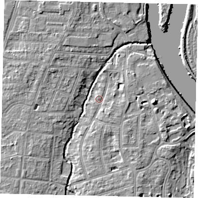 Shaded relief map of the ground around TW11PD, computed from Environment Agency LiDAR. The ground here sits at about 6 m above sea level and falls 10 m across the surrounding 800 m. Surface water reaching this point runs off ground lying to the south-south-east, 3.2 m higher.