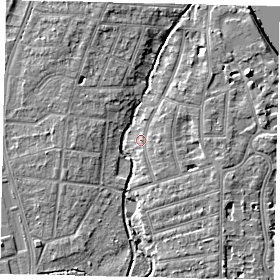 Shaded relief map of the ground around TW11PE, computed from Environment Agency LiDAR. The ground here sits at about 6 m above sea level and falls 10 m across the surrounding 800 m. Surface water reaching this point runs off ground lying to the west, 4.7 m higher.