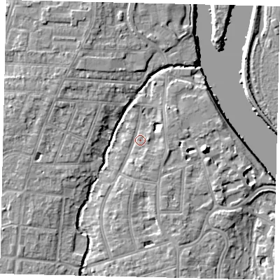 Shaded relief map of the ground around TW11PF, computed from Environment Agency LiDAR. The ground here sits at about 6 m above sea level and falls 10 m across the surrounding 800 m. Surface water reaching this point runs off ground lying to the south-south-east, 3.2 m higher.