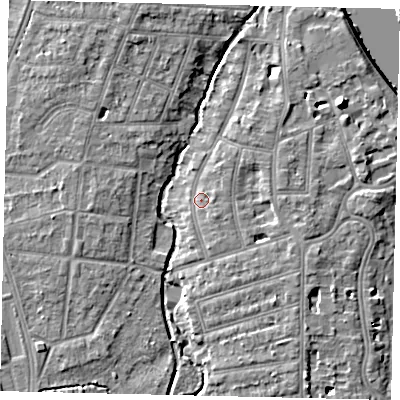 Shaded relief map of the ground around TW11PH, computed from Environment Agency LiDAR. The ground here sits at about 7 m above sea level and falls 10 m across the surrounding 800 m. Surface water reaching this point runs off ground lying to the south-east, 1.7 m higher.