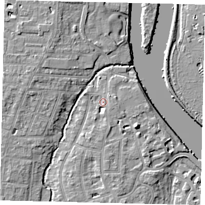 Shaded relief map of the ground around TW11PP, computed from Environment Agency LiDAR. The ground here sits at about 6 m above sea level and falls 10 m across the surrounding 800 m. Surface water reaching this point runs off ground lying to the south, 3.0 m higher.