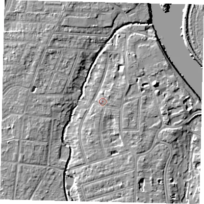 Shaded relief map of the ground around TW11PQ, computed from Environment Agency LiDAR. The ground here sits at about 7 m above sea level and falls 10 m across the surrounding 800 m. Surface water reaching this point runs off ground lying to the south-south-east, 2.5 m higher.