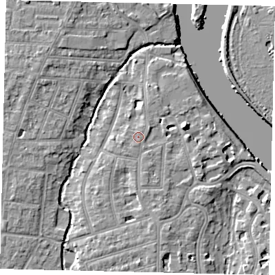 Shaded relief map of the ground around TW11PW, computed from Environment Agency LiDAR. The ground here sits at about 7 m above sea level and falls 10 m across the surrounding 800 m. Surface water reaching this point runs off ground lying to the west-south-west, 0.7 m higher.